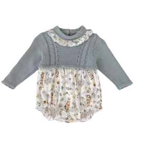 Barboteuse fille mix and match gris et imprimé lapin en coton