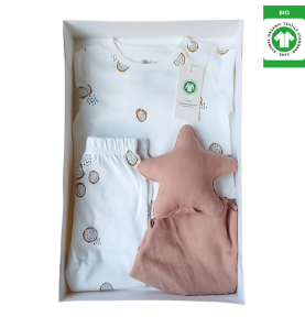 Coffret cadeau bébé en coton biologique certifié GOTS : Ensemble pyjama + doudou étoile