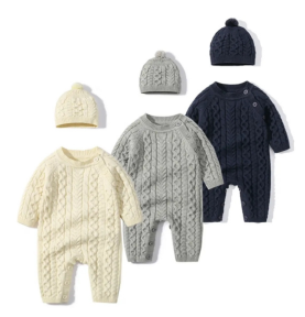 Ensemble chaud combinaison bébé + bonnet en tricot Crème